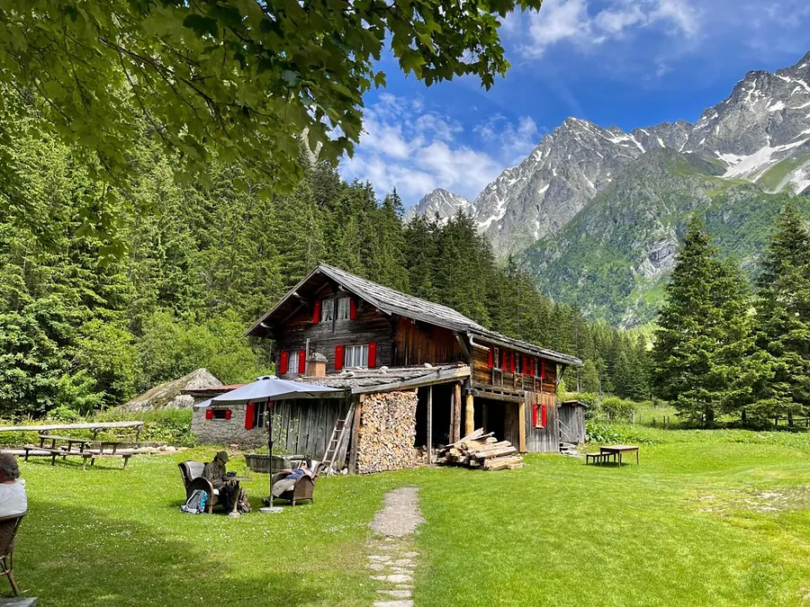 Altes Holzhaus mit Holzbeige in der Wiese, Gäste in Liegestühlen