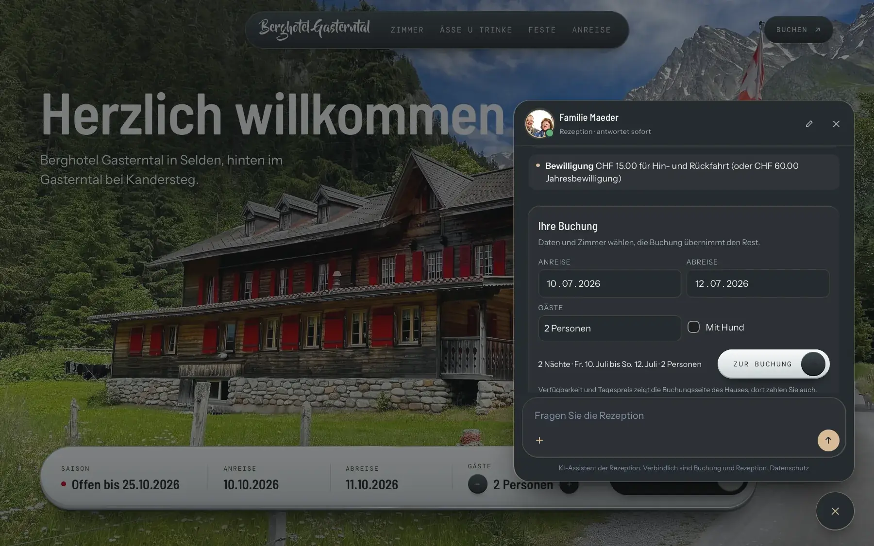 Die Website des Berghotel Gasterntal mit offener Rezeption: Antwort und Buchungsmaske im Gespräch